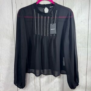DKNY Womens Black Sheer Blouse Studded Long Sleeve Popover Flowy Witchy Soft